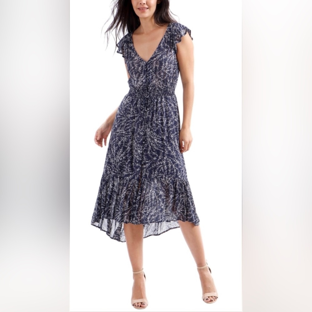 Lucky Brand Felice Floral Navy White High Low Ruffle Tie Waist Dress Sz Small